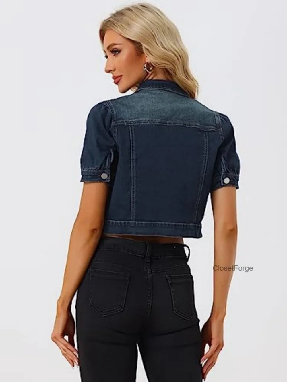 Women's Denim Cropped Puff Sleeve Button-Down Western Jean Jacket